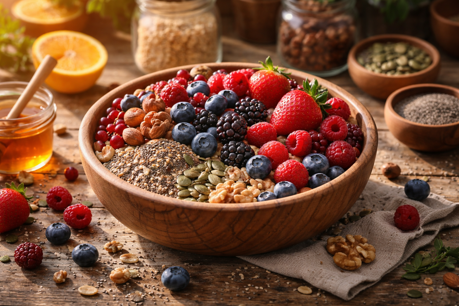 Wooden bowl filled with fresh berries, nuts, seeds and natural ingredients on rustic kitchen table with morning sunlight, healthy nutrition concept